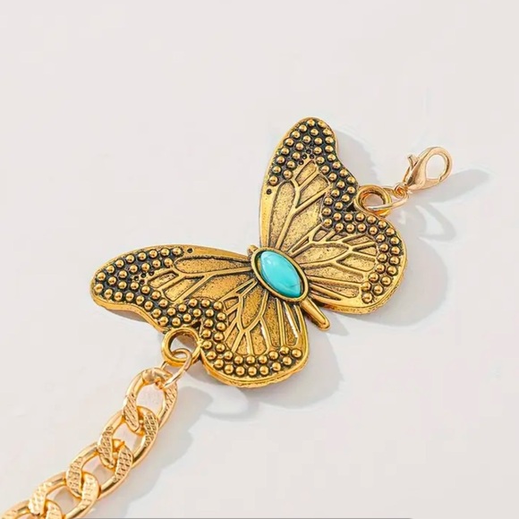Bohemian Gold tone hat chain, butterflies, turquoise - Picture 2 of 3
